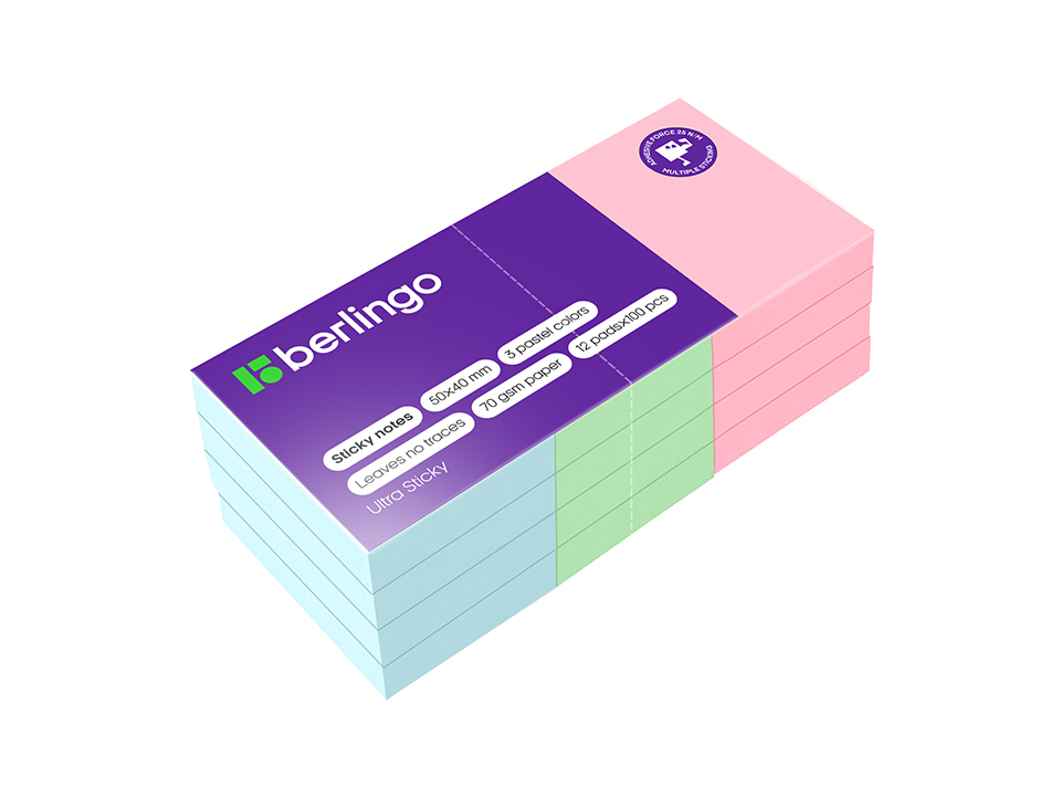 Самоклеящийся блок Berlingo "Ultra Sticky", 50*40мм, 12 блоков по 100л., 3 пастельных цвета