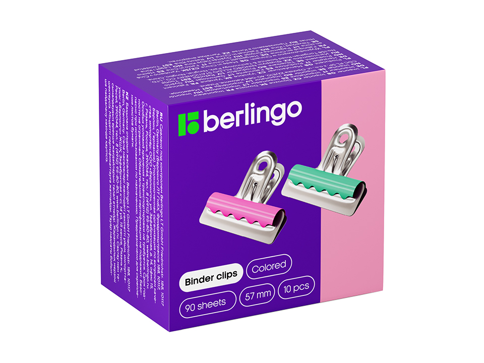 Зажимы-бульдоги для бумаг 57мм, Berlingo, 10шт., цветные, картонная коробка