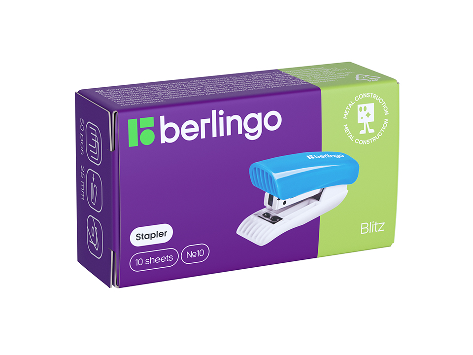 Мини-степлер №10 Berlingo "Blitz" до 10л., пластиковый корпус, голубой
