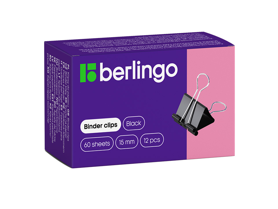 Зажимы для бумаг 15мм, Berlingo, 12шт., черные, картонная коробка