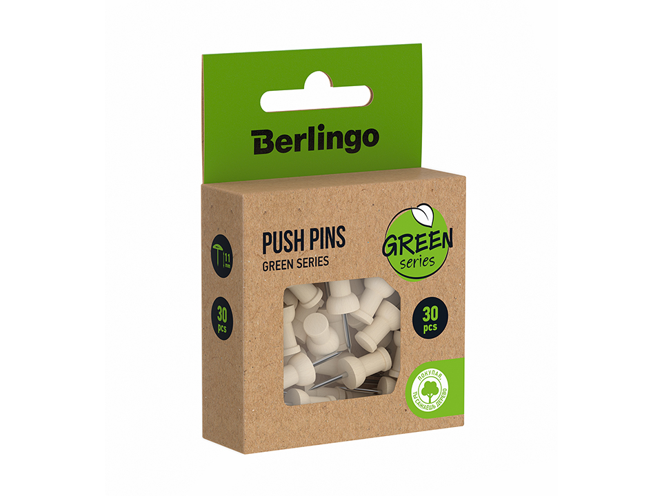 Кнопки силовые Berlingo "Green Series", 30шт., деревянные, крафт упак., европодвес