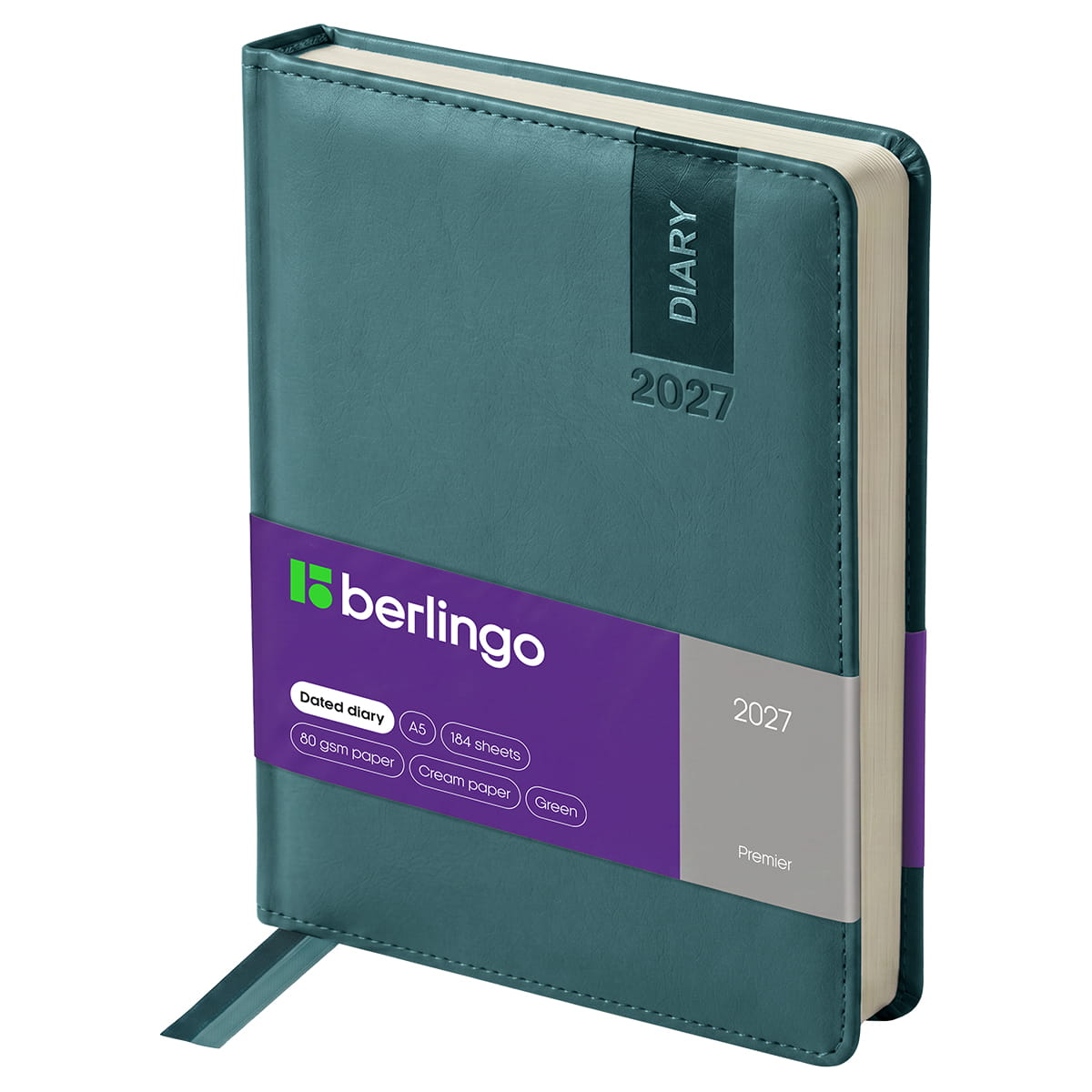Ежедневник датированный 2027г., А5, 184л., кожзам, Berlingo "Premier", зеленый