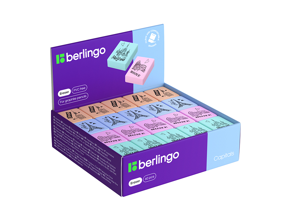 Ластик Berlingo "Capitals", прямоугольный, термопластичная резина, цвета ассорти, 23*19*9мм