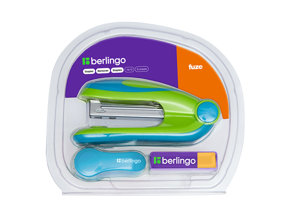 Набор Berlingo "Fuze": степлер №10 до 15л., зеленый; антистеплер; скобы №10; блистер