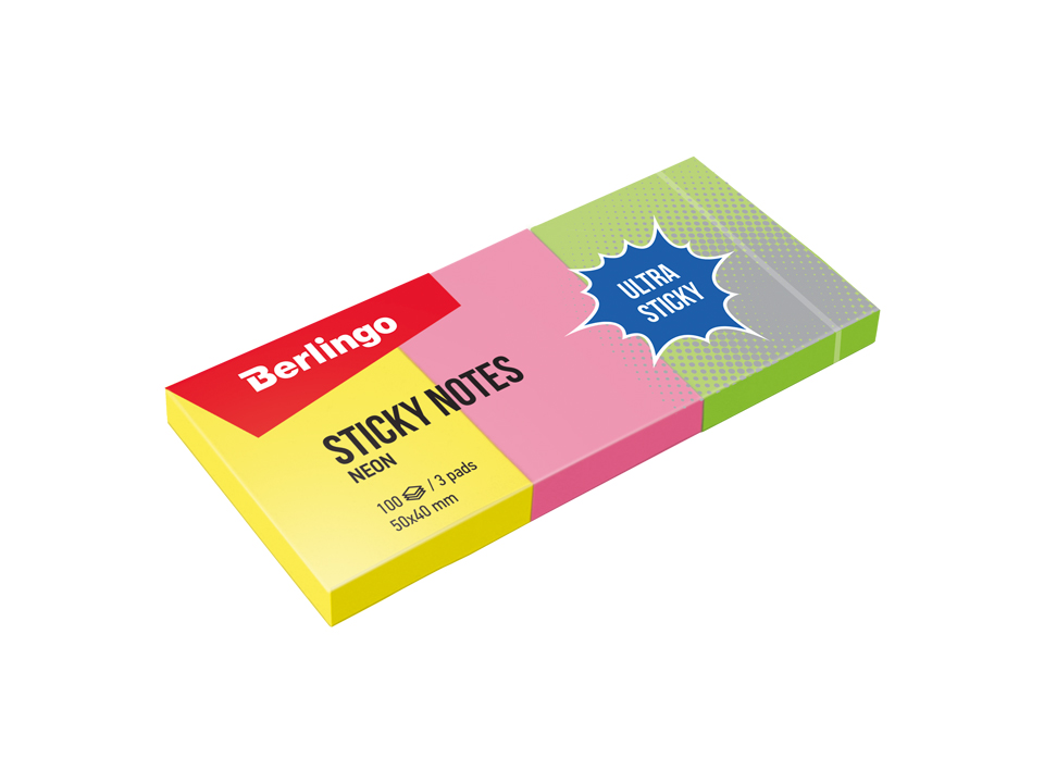 Самоклеящийся блок Berlingo "Ultra Sticky", 50*40мм, 3 блока по 100л., 3 неоновых цвета