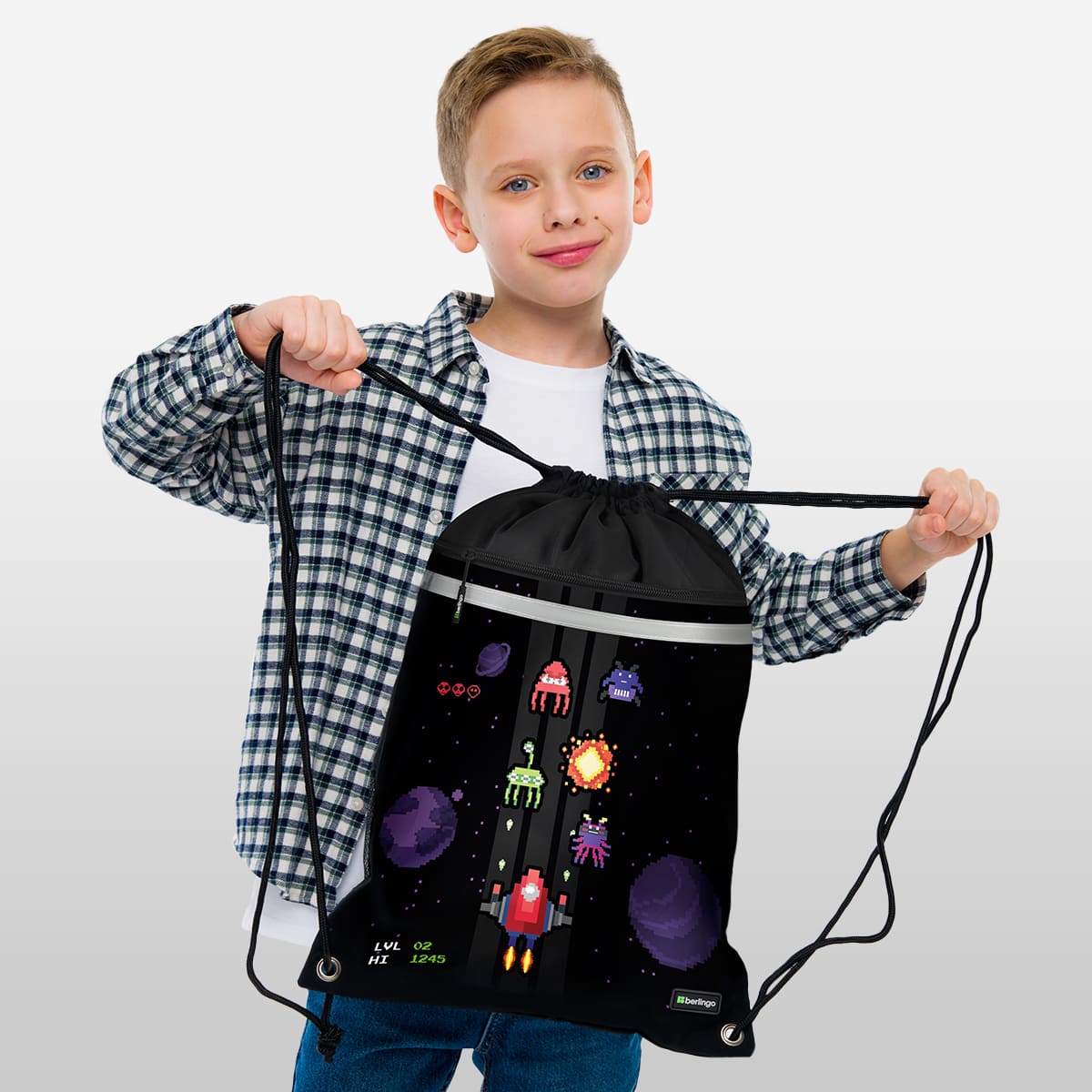 Мешок для обуви 1 отделение Berlingo "Space Battle", 360*460мм, вентиляционная сеточка , светоотражающая лента, карман на молнии