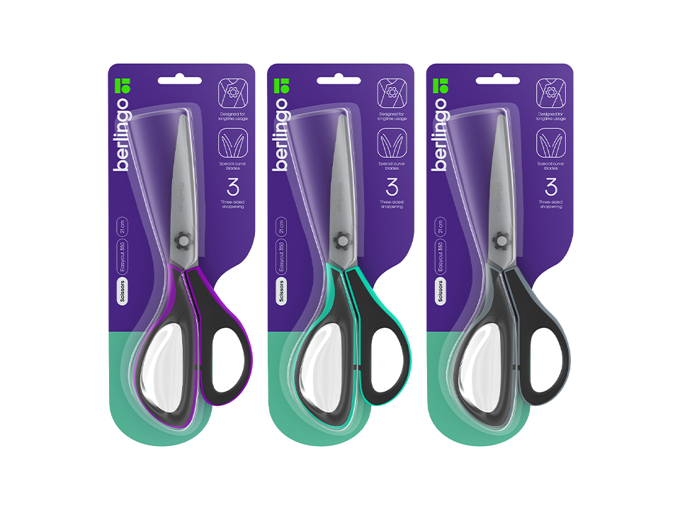 Ножницы Berlingo "Easycut 350", 21см, ассорти, эргономичные ручки, мягкие вставки, европодвес