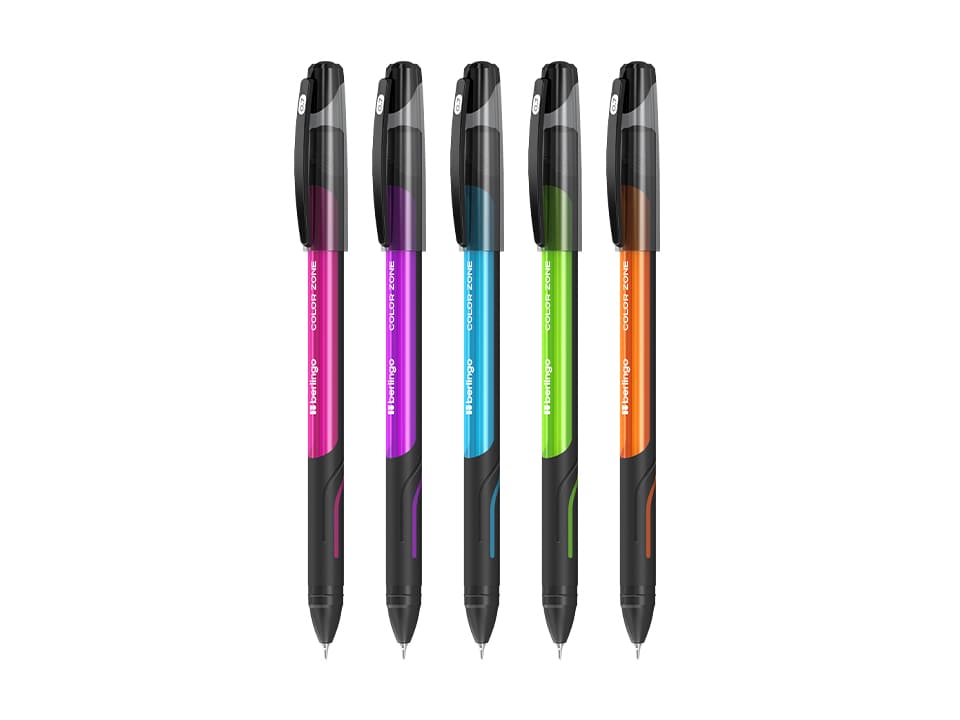 Ручка шариковая Berlingo "Color Zone stick" синяя, 0,7мм, прорезиненный корпус ассорти, 5шт., PET пенал