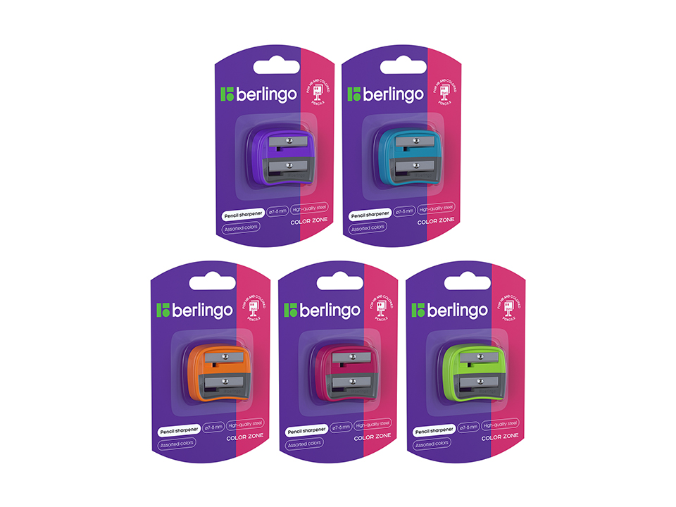 Точилка пластиковая Berlingo "Color Zone Duo", 2 отверстия, для цветных и ч/г карандашей, блистер, ассорти