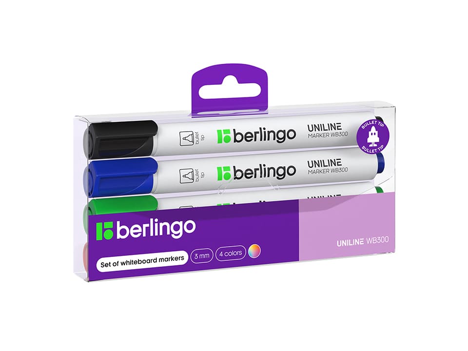 Набор маркеров для белых досок Berlingo "Uniline WB300" 04цв., пулевидный, 3мм, PET