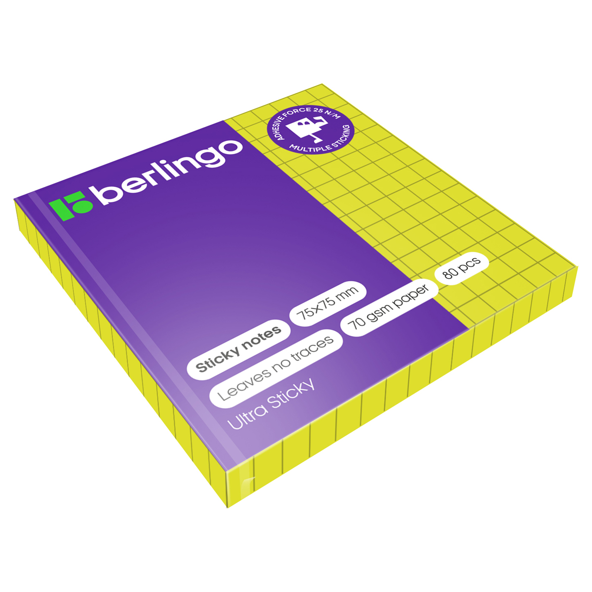 Самоклеящийся блок Berlingo "Ultra Sticky", 75*75мм, 80л., в клетку, зеленый неон