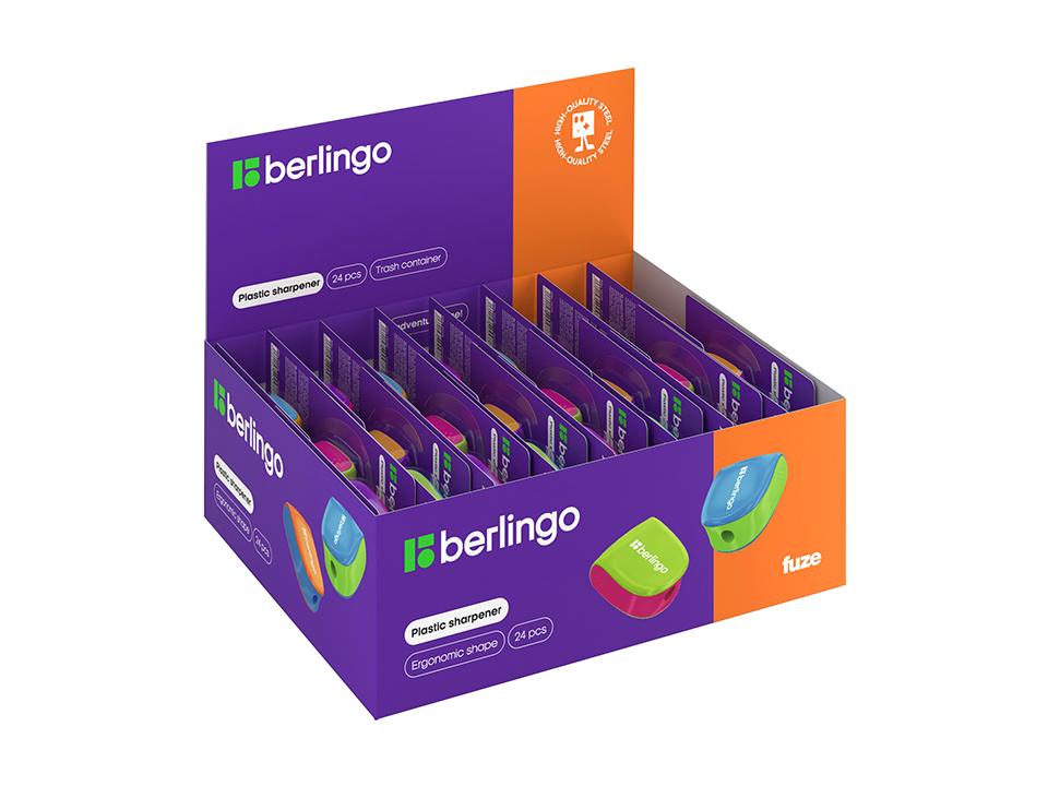 Точилка пластиковая Berlingo "Fuze Ergo" 1 отверстие, контейнер, ассорти, блистер, европодвес