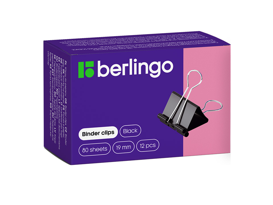 Зажимы для бумаг 19мм, Berlingo, 12шт., черные, картонная коробка