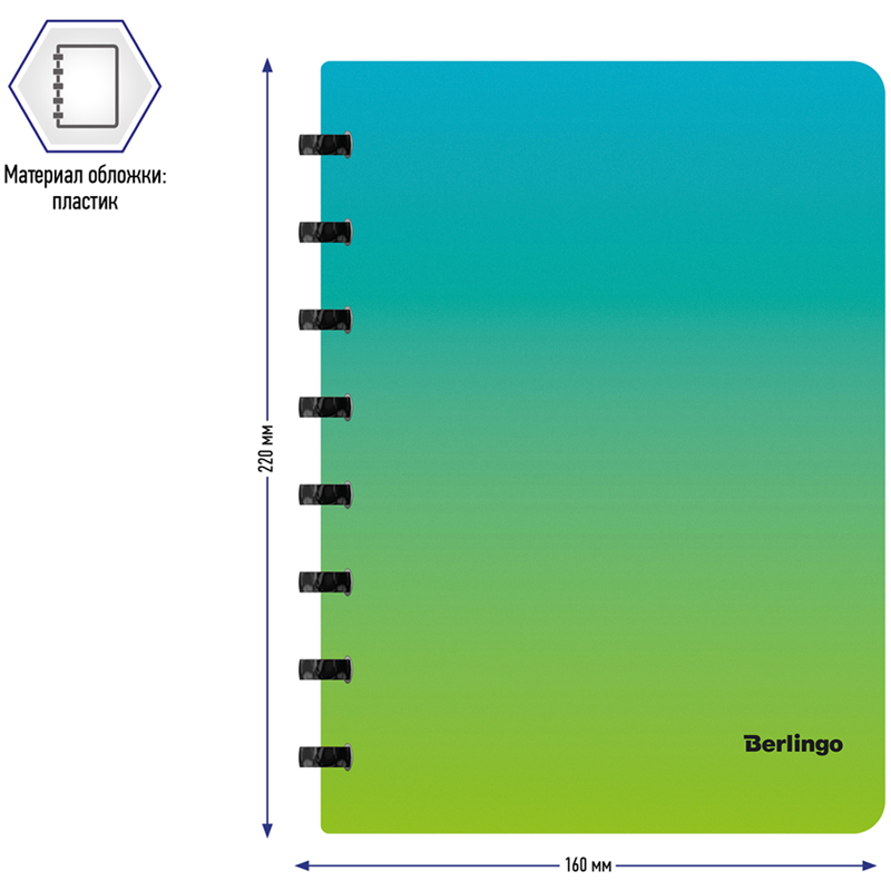 Бизнес-тетрадь А5+, 80л., Berlingo "Radiance", клетка, на кольцах, с возм. замены блока, 80г/м2, пластик. обложка 700мкм, линейка-закладка, голуб./зел