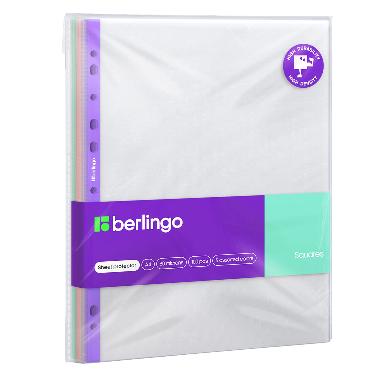 Папка-вкладыш с перфорацией Berlingo "Squares", А4, 30мкм, рельефная текстура, матовая, с цветным корешком, ассорти