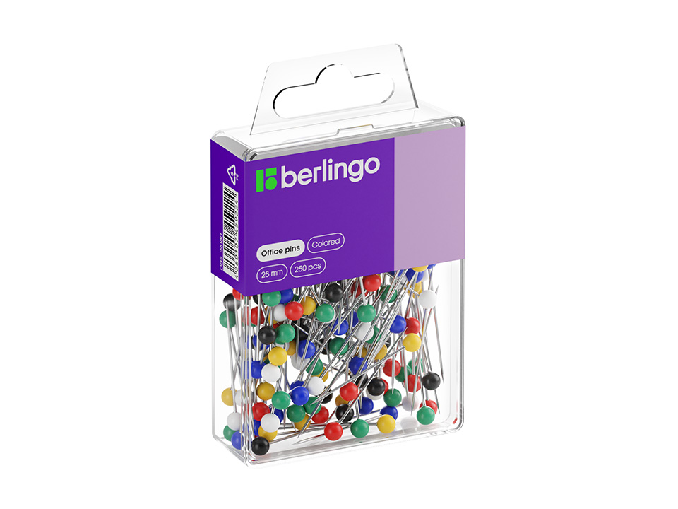Булавки офисные Berlingo, 28мм, 250шт., пластик. коробка, европодвес