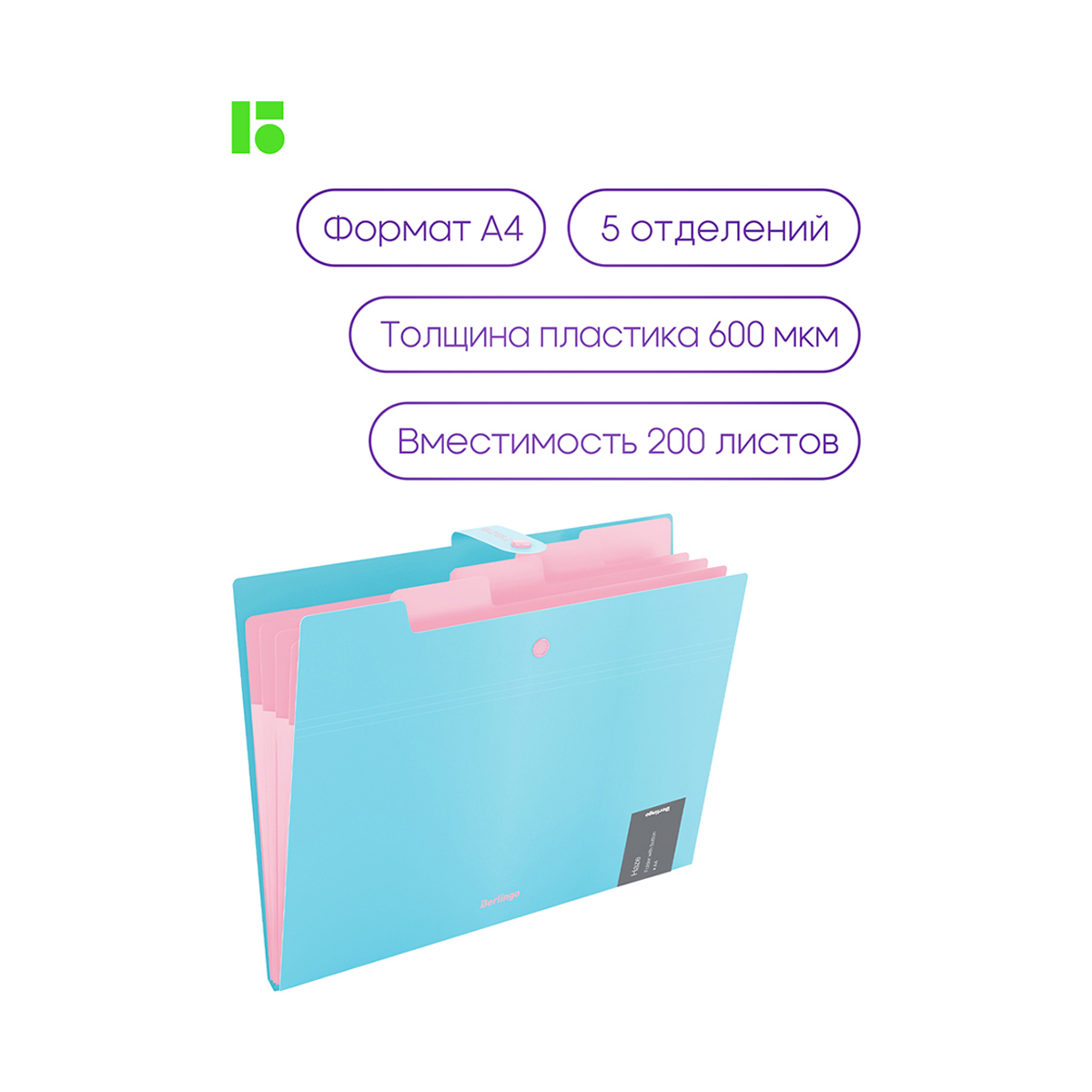 Папка 5 отделений Berlingo "Haze", А4, 600мкм, на кнопке, голубая, софт-тач