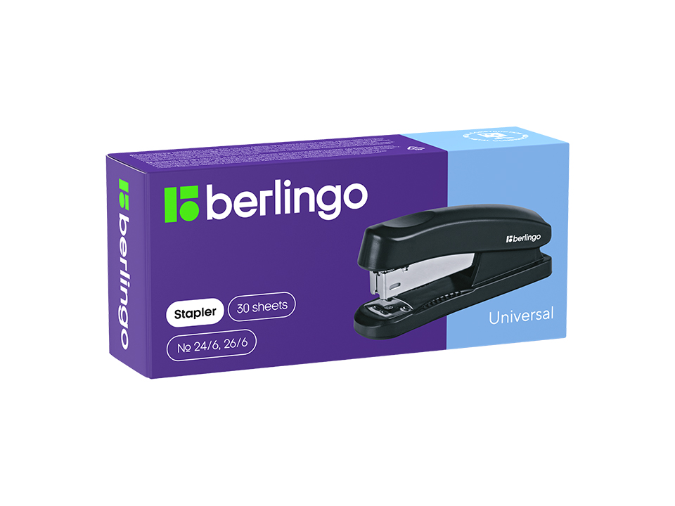 Степлер №24/6, 26/6 Berlingo "Universal" до 30л., пластиковый корпус, черный