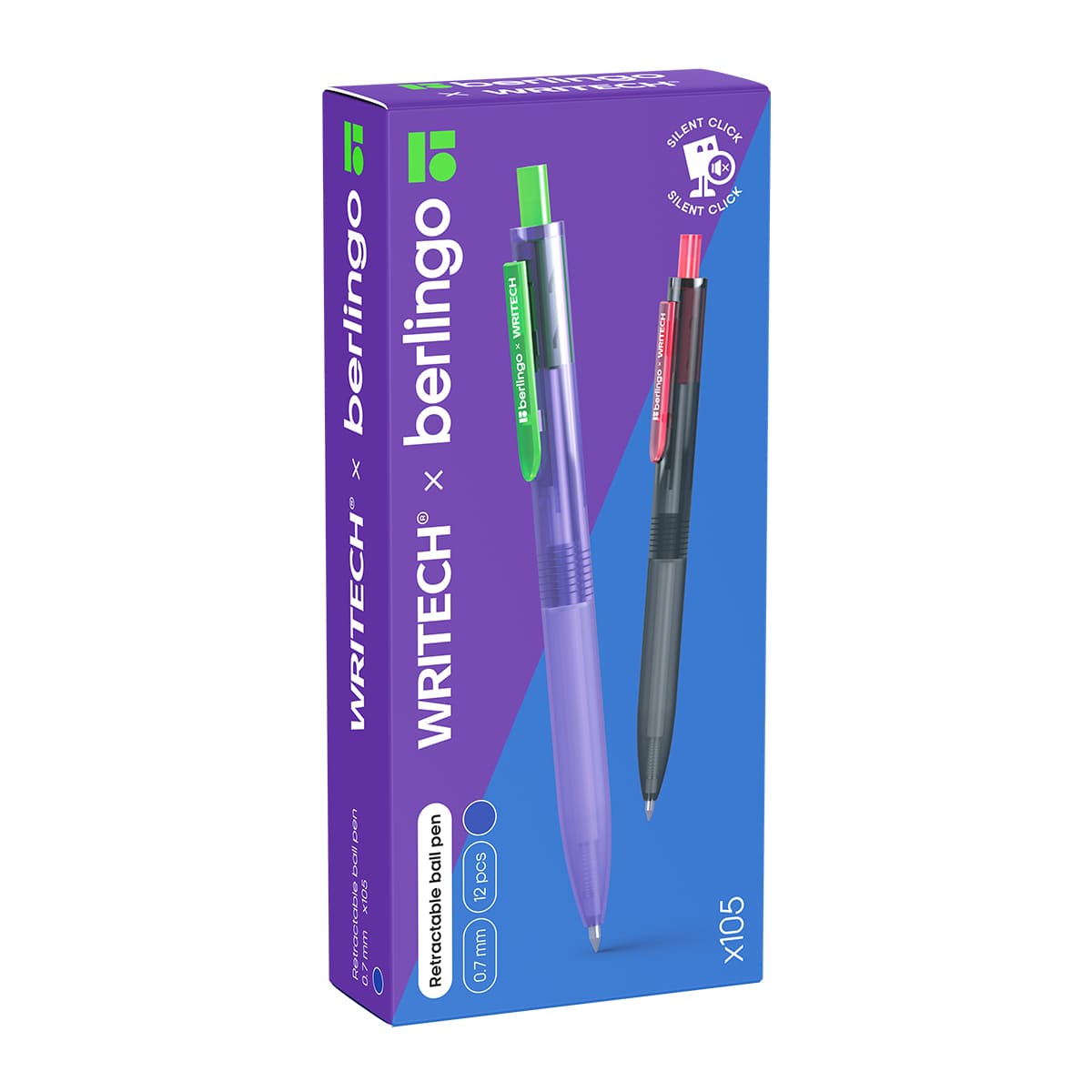 Ручка шариковая автоматическая Berlingo "Writech.x105" синяя, 0,7мм, silent click
