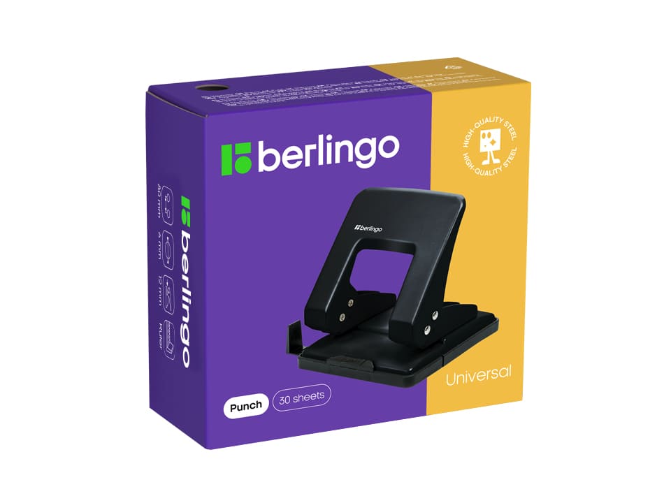 Дырокол Berlingo "Universal" 40л., металлический, черный, с линейкой