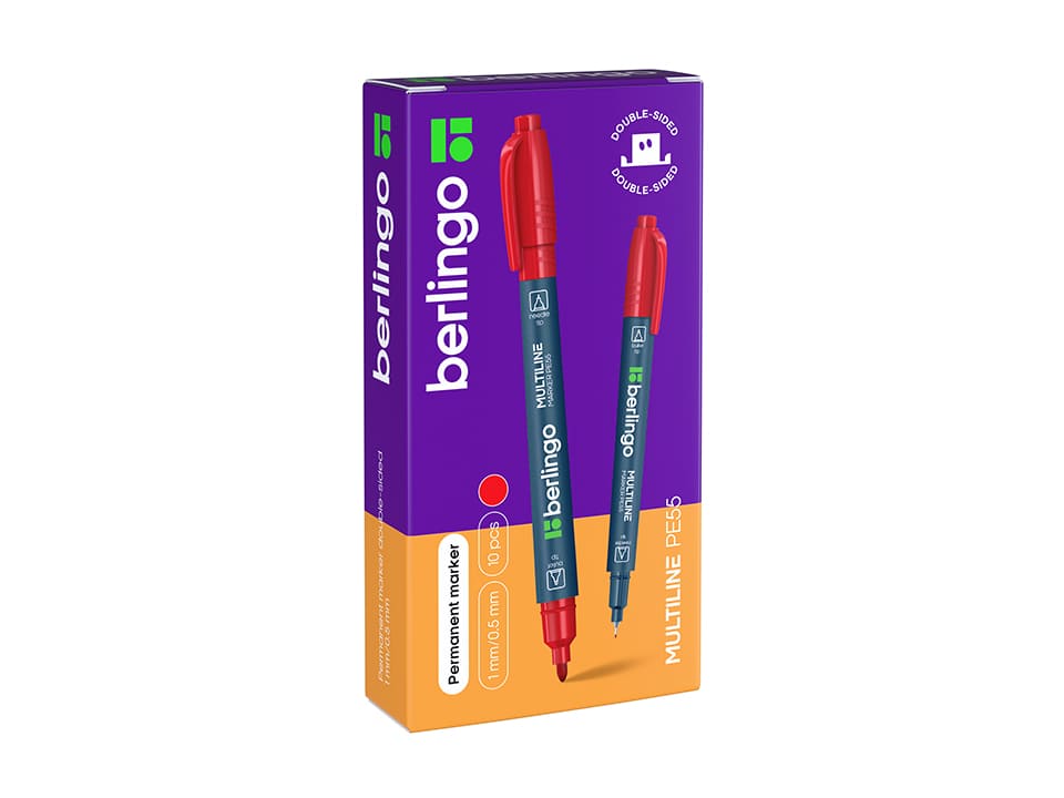 Маркер перманентный двухсторонний Berlingo "Multiline PE55" красный, пулевидный, 0,5/1мм