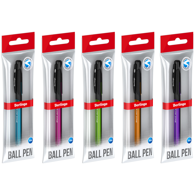 Ручка шариковая Berlingo "Color Zone stick" синяя, 0,7мм, прорезиненный корпус ассорти, пакет