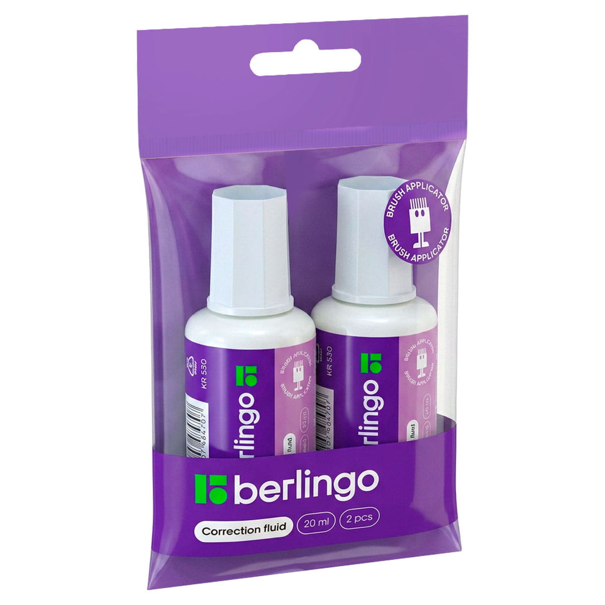 Корректирующая жидкость Berlingo, 20мл, на химической основе, с кистью, 2 шт, пакет с европодвесом
