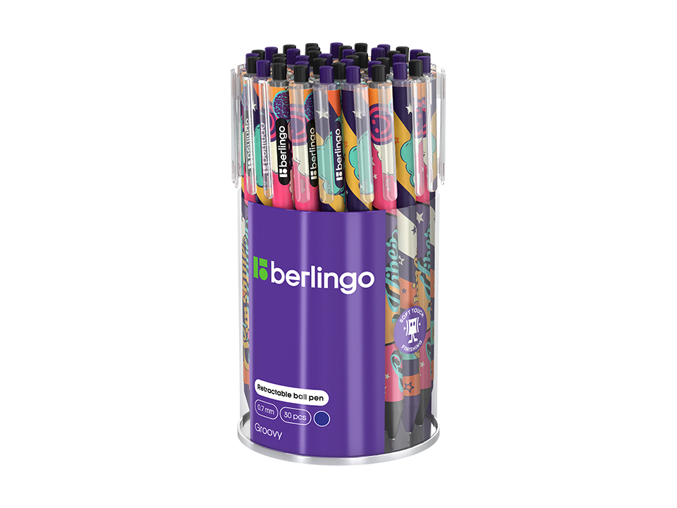 Ручка шариковая автоматическая Berlingo "Groovy" синяя, 0,7мм, грип, рисунок на корпусе,soft touch, ассорти