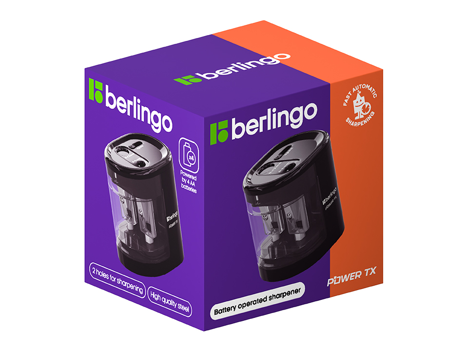 Точилка электрическая Berlingo "Power TX" 2 отверстия, черная, с контейнером, картон. упаковка