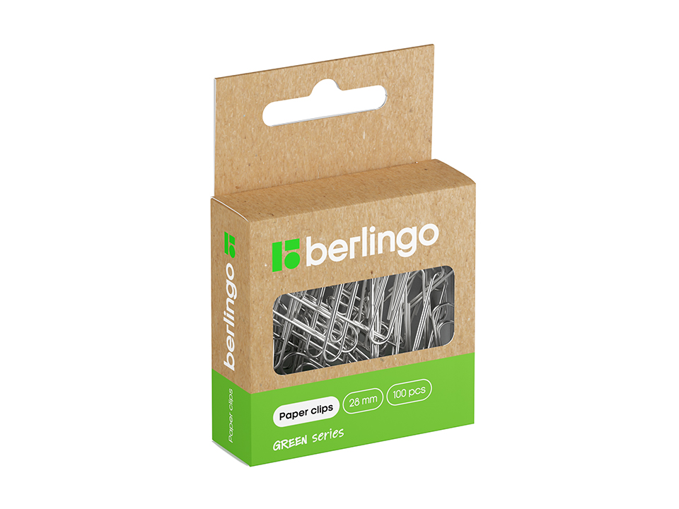 Скрепки 28мм, Berlingo "Green Series", 100шт., никелированные, крафт упак., европодвес