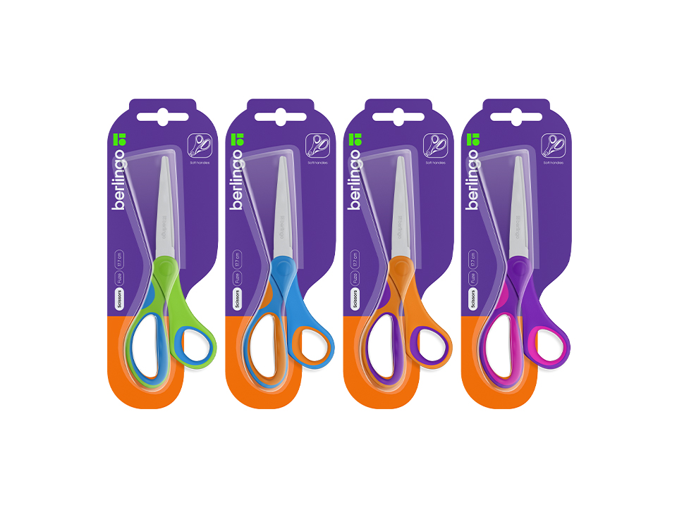 Ножницы Berlingo "Fuze" 17,7см, эргономичные ручки, ассорти, европодвес