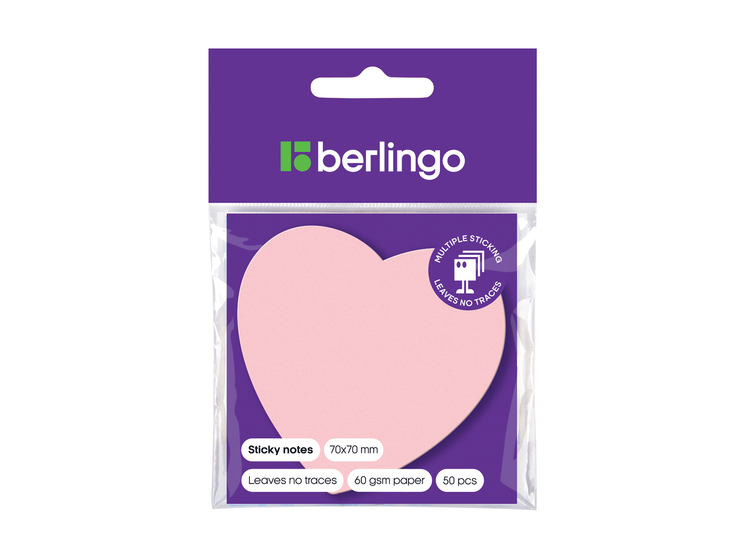 Самоклеящийся блок фигурный Berlingo "Сердце", 70*70мм, 50л., малиновый неон, европодвес