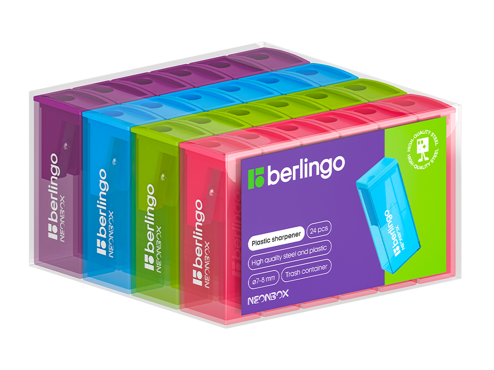 Точилка пластиковая Berlingo "NeonBox" 1 отверстие, контейнер, ассорти