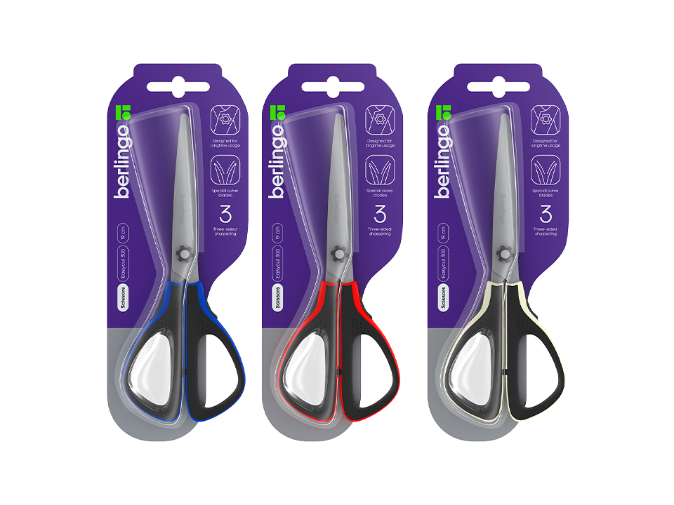 Ножницы Berlingo "Easycut 300", 19см, ассорти, мягкие вставки, европодвес