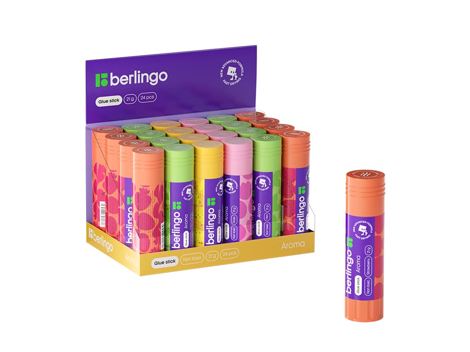 Клей-карандаш Berlingo "Aroma", 21г, ароматизированный (мята, лимон, клубника, роза), ПВП