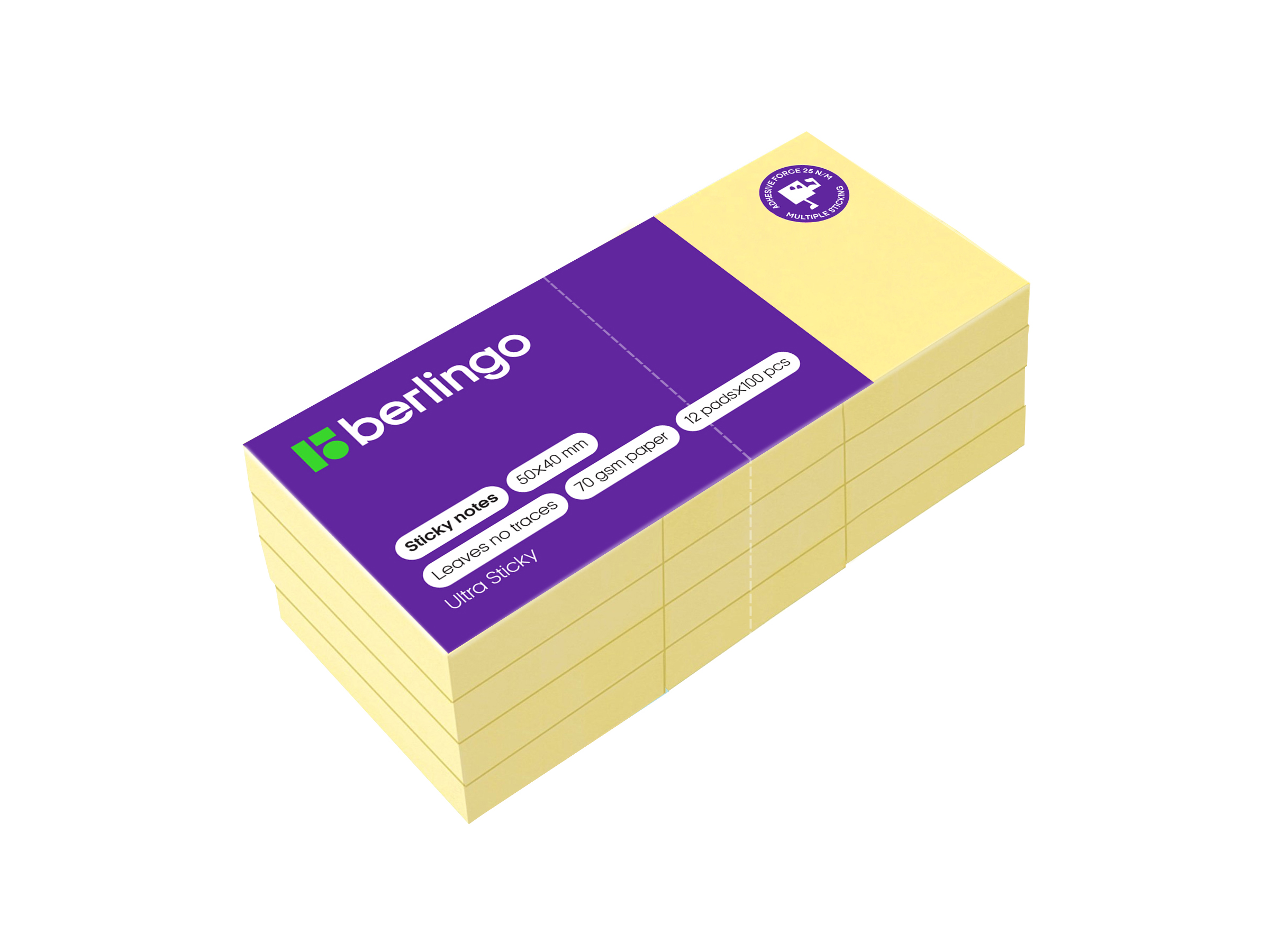 Самоклеящийся блок Berlingo "Ultra Sticky", 50*40мм, 12 блоков по 100л., пастель, желтый