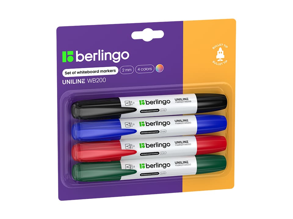 Набор маркеров для белых досок Berlingo "Uniline WB200" 04цв., пулевидный, 2мм, блистер