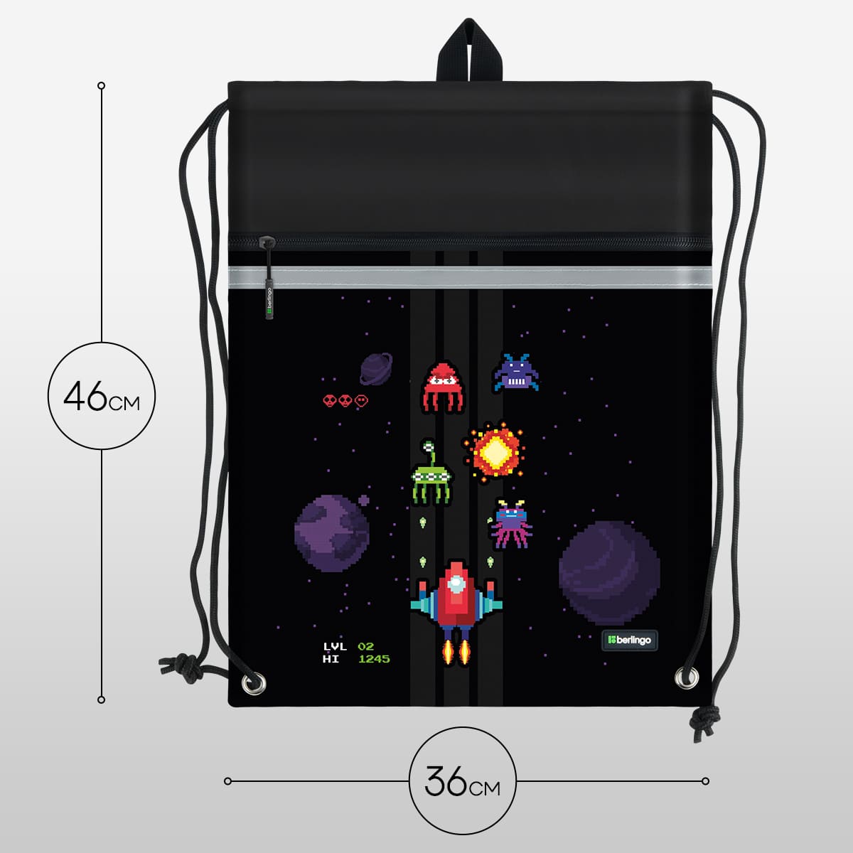 Мешок для обуви 1 отделение Berlingo "Space Battle", 360*460мм, вентиляционная сеточка , светоотражающая лента, карман на молнии