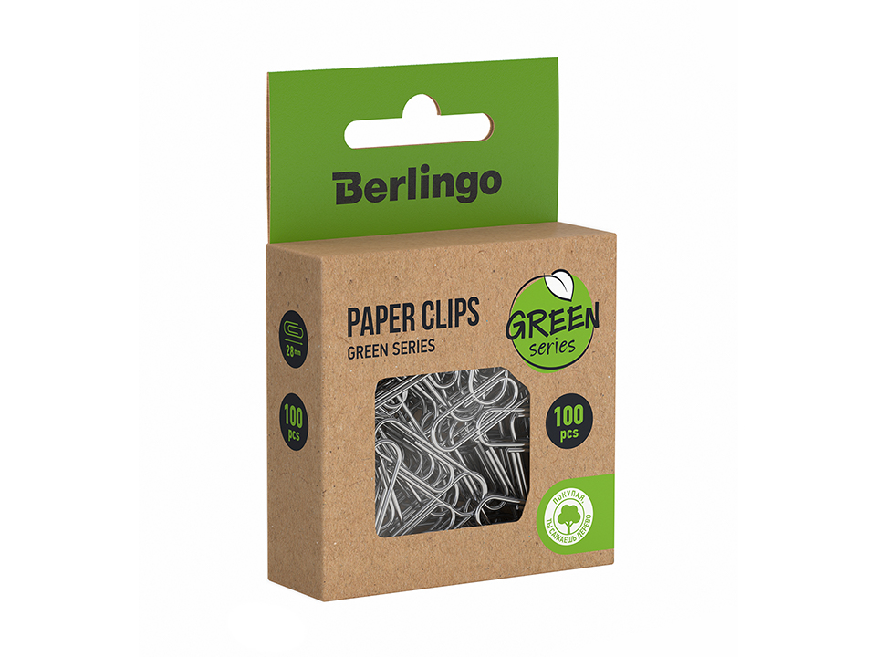 Скрепки 28мм, Berlingo "Green Series", 100шт., никелированные, крафт упак., европодвес