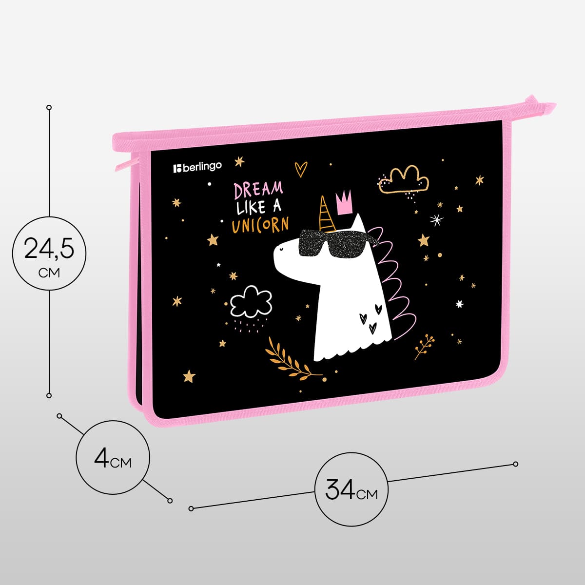 Папка для тетрадей 1 отделение, А4 Berlingo "Dream Like A Unicorn", 340*245*40 мм, пластик, на молнии