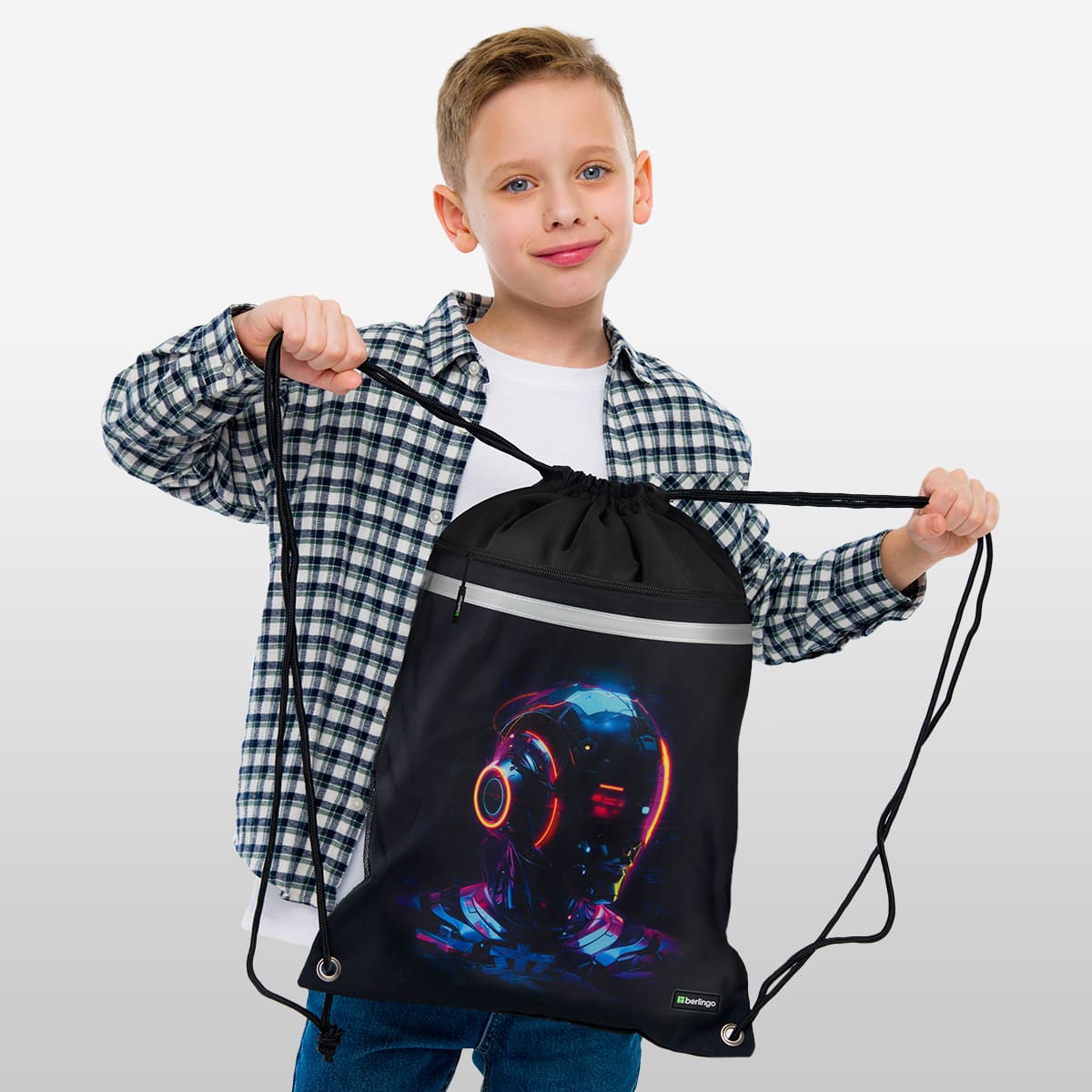 Мешок для обуви 1 отделение Berlingo "Cyberpunk", 360*460мм, вентиляционная сеточка , светоотражающая лента, карман на молнии