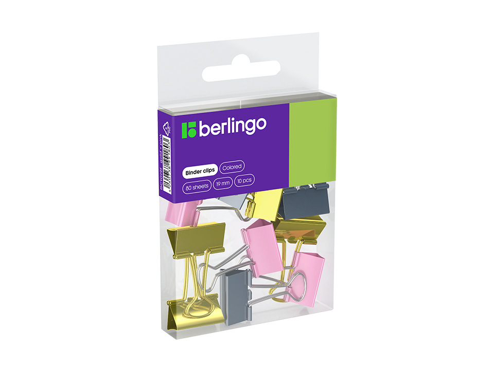 Зажимы для бумаг 19мм, Berlingo, 10шт., цветные, ПВХ упак., европодвес, розовый+золотой