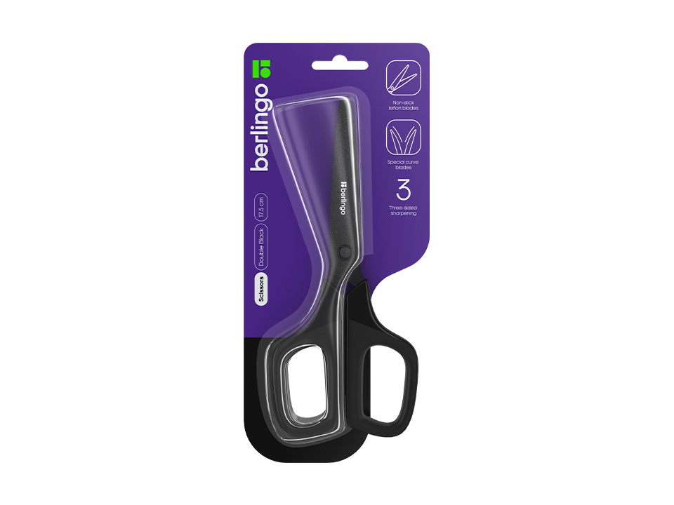 Ножницы Berlingo "Double black", 17,5см, тефлоновые лезвия, европодвес